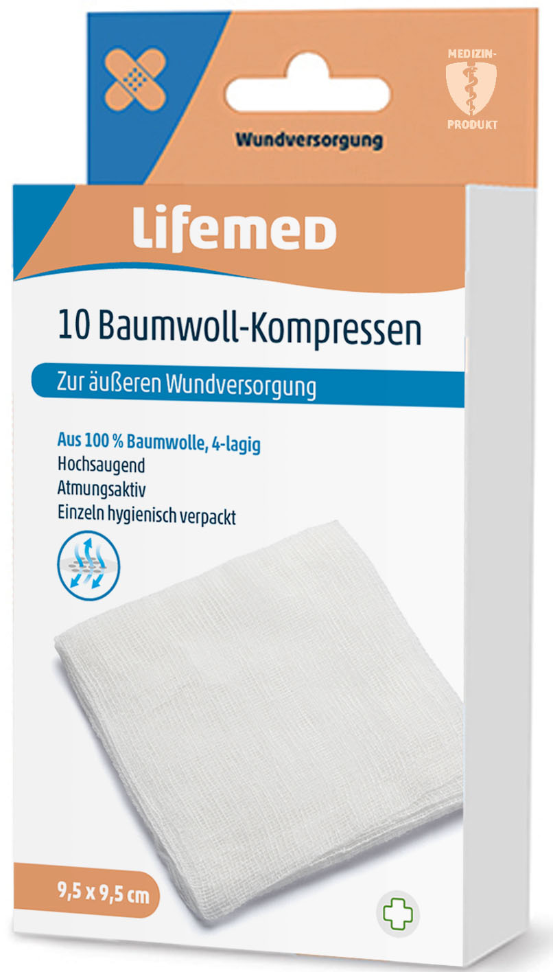 99102 - Baumwoll-Kompressen 10er, 4-lagig, 9,5 x 9,5cm